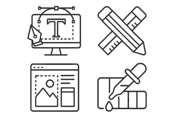 Fototapete - Graphic design and web development linear icons set. Typography, drawing with pencil, web page layout, color picker. Editable stroke. Thin line contour symbols. Vector.