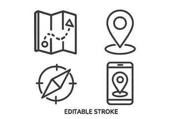 Fototapete - Navigation icon set with editable stroke. Thin line symbols for location, map, GPS, route, destination, and travel. Vector compass, pin, and mobile app signs.
