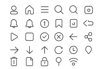 Fototapete - UI UX outline icons set for web design and mobile app interfaces. Vector thin line symbols for navigation and action. Essential user interface kit. Editable stroke.