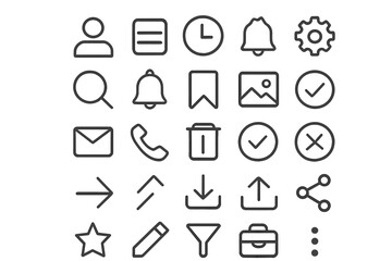 Fototapete - User interface line icons set. UI UX thin outline vector symbols for website and mobile app design. Includes profile, settings, notification, search, mail, and share.