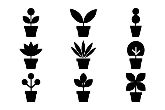 Minimalist black silhouette potted plants on white background