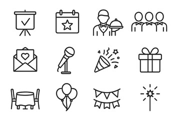 Poster - Event planning and celebration line icon set. Thin outline icons for party organization, holiday, catering, invitation, entertainment, decoration, gift, and guests. Vector.