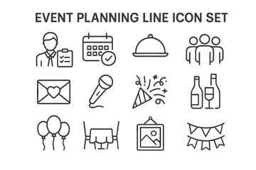 Fototapete - Event planning and management vector line icon set. Thin linear pictograms for organization, holiday, catering, invitation, entertainment, party, celebration, decoration.