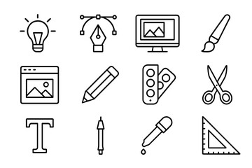 Fototapete - Graphic design line icon set. Art and creativity tools for designers. Vector icons for software, UI, UX, web. Includes pen tool, palette, brush, pencil. Editable stroke.