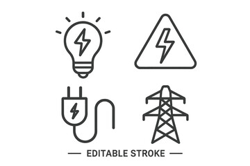Fototapete - Power and energy line icon set. Thin line vector illustration of electricity concepts like a light bulb, high voltage warning sign, electric plug, and pylon. Editable stroke.