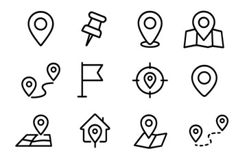 Poster - Map pin line icon set. Location, push pin, and map marker symbols. Geolocation, route, flag, and position icons. GPS, address, and navigation vector collection. Linear style.