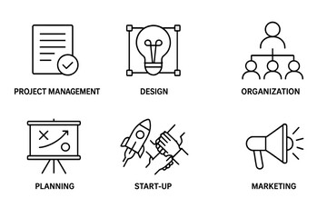 Poster - Project management line icon set. Business planning, organization, and startup launch. Teamwork, design thinking, and marketing strategy vector icons in a thin linear style.