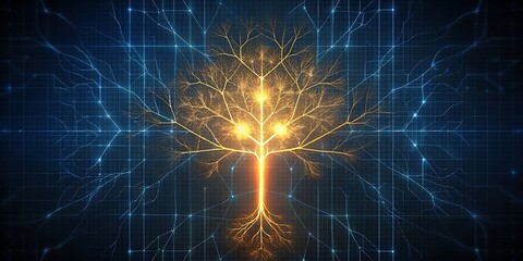 Fototapete - A glowing orange and yellow digital tree with intricate branches stands in the center of a blue digital grid network.