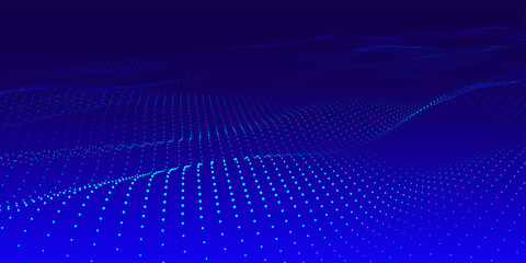 Fototapete - Futuristic dot wave. Abstract digital particle wave. Technology background. Colored musical wave. Dark background. Digital background with smooth, wavy curves. 3D rendering.