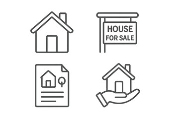Fototapete - Real estate agency vector icon set. House symbol, for sale sign, property search contract, home in hand. Thin line icons for mortgage, insurance, agent, buying a new house.