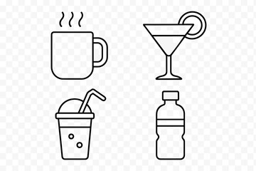 Fototapete - Drink and beverage icon set. Vector line art symbols for web and apps. Includes coffee mug, cocktail glass, soda cup, and water bottle. Simple outline pictogram collection.