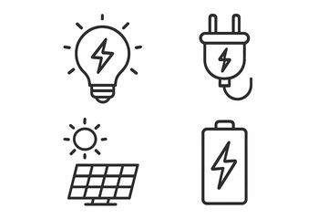 Fototapete - Energy icon set. Electricity and power symbols. Green renewable source, solar panel, battery charging, light bulb idea, electric plug. Vector line art icons collection.
