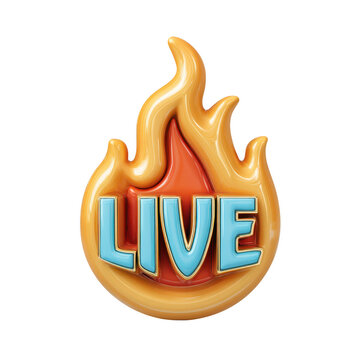 Fiery live broadcast icon with bold text isolated on transparent background
