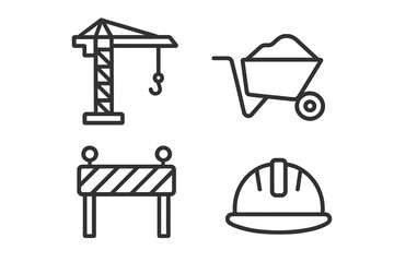 Fototapete - Construction icon set. Building and development symbols. Vector line art icons of a tower crane, wheelbarrow, road barrier, and safety hard hat for web and apps.