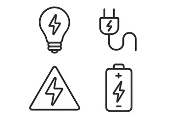 Fototapete - Energy and electricity thin line icon collection. Power symbol set includes lightbulb, battery charging, electric plug, high voltage hazard sign. Editable outline vector icons.