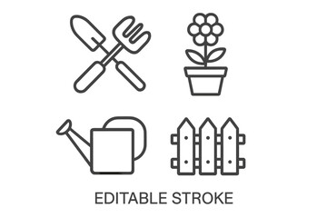 Fototapete - Garden icon set. Gardening tools, potted flower, watering can, fence. Vector linear symbols for web, mobile app. Editable stroke. Grow, plant, cultivate concept.