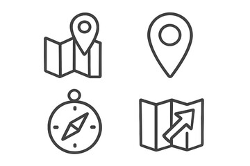 Fototapete - Navigation and map location line icon set. Vector symbols for travel, direction, and GPS. Includes compass, route planner, destination pin. Editable stroke icons for web.