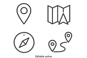 Fototapete - Navigation and map location line icon set. Vector collection of travel and direction symbols like compass, GPS pin, route destination pointer, and journey path. Editable stroke.
