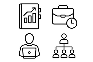 Poster - business management icon set. data analysis growth chart, work time management, freelancer with lapt