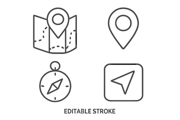 Poster - Navigation and location line icon set. Vector symbols for map, pin, pointer, compass, and GPS cursor for web and mobile apps. Outline icons for direction and travel. Editable stroke.