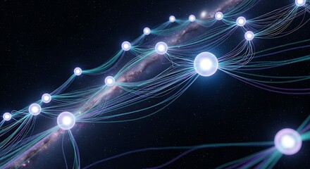 Poster - A network of glowing spheres connected by lines against a backdrop of a galaxy in deep space