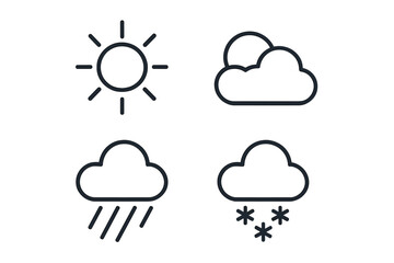 Fototapete - Weather forecast icon set with sun, clouds, rain, and snow. Simple line art vector symbols for meteorology app, website interface. Minimalist editable outline pictograms.