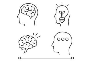 Brain process and thinking line icon set. Mind, idea, and creativity symbols. Psychology, mental health, and intellect concepts. Human head silhouette with editable stroke.