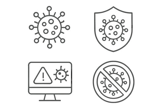 Virus protection line icon set. Vector symbols for coronavirus, immune system, shield, computer alert, and stop sign. Antiviral pandemic safety concept. Editable stroke.