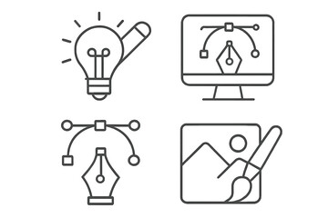 Fototapete - Graphic design line icon set. Creative idea lightbulb, vector pen tool with bezier curve, digital art software on computer screen, and photo editing with paintbrush icons.
