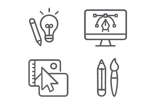 Graphic design line icon set. Creativity, idea, vector software, art tools. Minimalist outline pictogram collection for web and app design. Digital drawing and sketching.