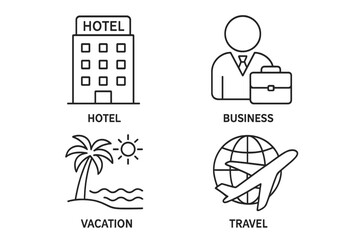 Fototapete - Hotel, business, vacation, and travel line icon set. Thin linear style outline pictogram collection. Conceptual symbols for tourism, work, and leisure vector graphics.