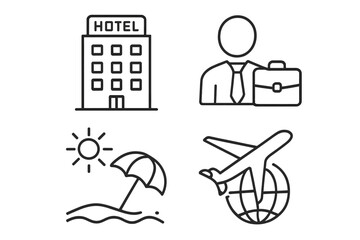 Poster - hotel and travel line icon set. business trip, vacation, and global flight icons. outline pictogram 