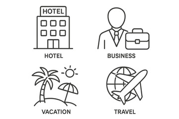 Fototapete - Hotel booking, business trip, vacation and world travel linear icons set. Businessman, flight, beach resort symbols. Editable stroke. Thin line customizable vector signs.