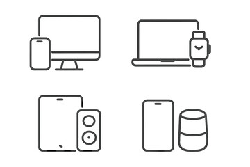 Fototapete - Electronic devices and gadgets line icon set. Minimalist linear vector collection of computer, phone, laptop, smartwatch, tablet and speaker. Modern technology concept.