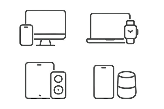 Electronic devices and gadgets line icon set. Minimalist linear vector collection of computer, phone, laptop, smartwatch, tablet and speaker. Modern technology concept.