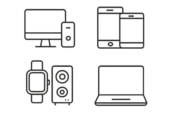 Set of electronic devices line icons. Gadgets collection in linear style. Computer, laptop, phone, tablet, watch, speaker. Modern technology outline vector symbols.