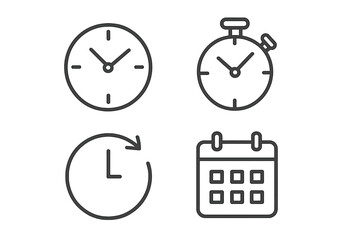 Poster - Time management outline icon set. Clock, timer, stopwatch, and calendar linear symbols. Vector pictogram collection for schedule, appointment, deadline, and planning concepts.