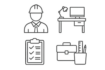 Poster - Set of 4 line icons for workplace and office. Includes engineer in hard hat, desk with computer, checklist, briefcase, and business tools. Thin outline vector pictogram collection.