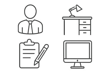 Fototapete - Set of 4 office work line icons in a minimalist linear style. Workplace and business equipment symbols, including a worker avatar, desk, computer, and document pictogram.