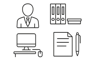 Fototapete - Office work line icon set. Business employee, computer desktop, document binders, and pen icons. Workplace and corporate equipment symbols in a minimal outline style.