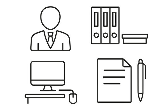 Office work line icon set. Business employee, computer desktop, document binders, and pen icons. Workplace and corporate equipment symbols in a minimal outline style.