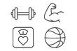 © Jonas - Gym, fitness and sports outline icon set. Health and healthy lifestyle concept. Dumbbell, bicep muscle, weight scale and basketball pictograms in a linear vector style.
