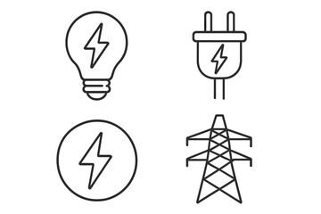 Fototapete - Electricity power line icon set. Energy concept vector collection. Light bulb, electric plug, charge symbol, and transmission tower outline icons for web and apps.