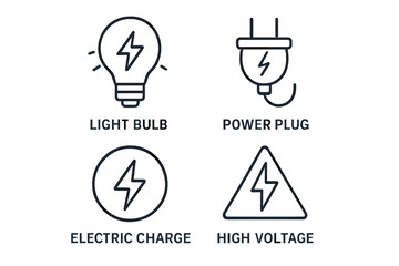 Fototapete - Electricity line icon set. Power energy symbols collection. Vector light bulb, power plug, electric charge, high voltage warning sign. Thin linear pictogram for web design.