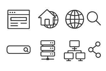 Fototapete - Website icon set, simple line art for UI UX design. Thin line web navigation pictograms. Internet, homepage, search, server, database, network, share vector symbols.