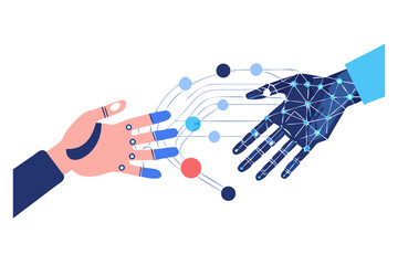 Poster - Human and robot hands connecting through a digital network of nodes