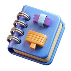 Poster - 3d rendered blue spiral notebook with orange and purple accessories isolated on transparent background