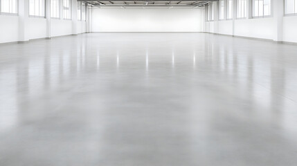 Aufkleber - Bright, empty hall with polished concrete floors and white walls, bathed in natural light from large windows, creating a spacious, clean environment.