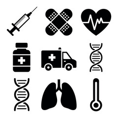 Poster - Medical Symbols Vector Set: Syringe, Bandage, Heartbeat, Medicine Bottle, Ambulance, DNA, Lungs, Thermometer - Modern Flat Design for Healthcare and Wellness