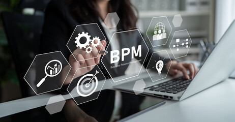 Poster - Business Process Management concept showing workflow analysis, process optimization, team collaboration, automation, and performance improvement Latch